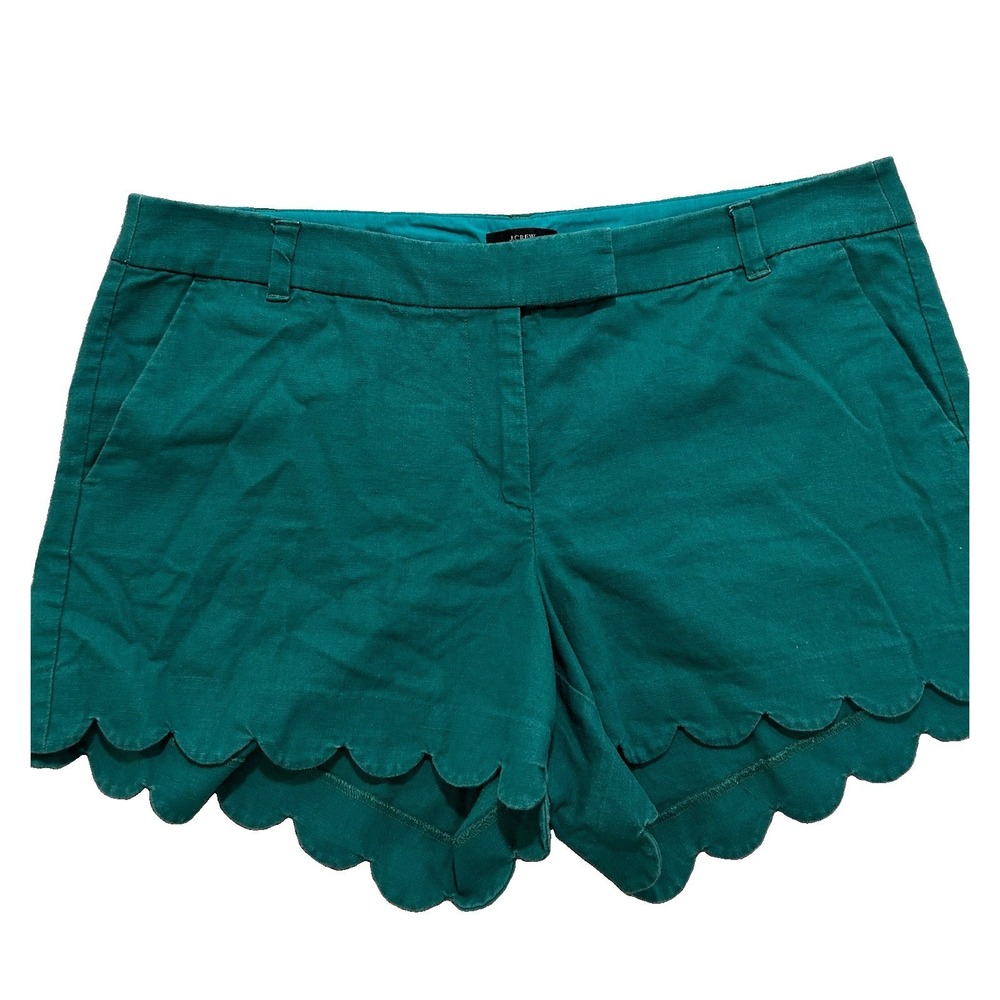 J Crew Women's 16 Green Linen Blend Scalloped Shorts Preppy Classic